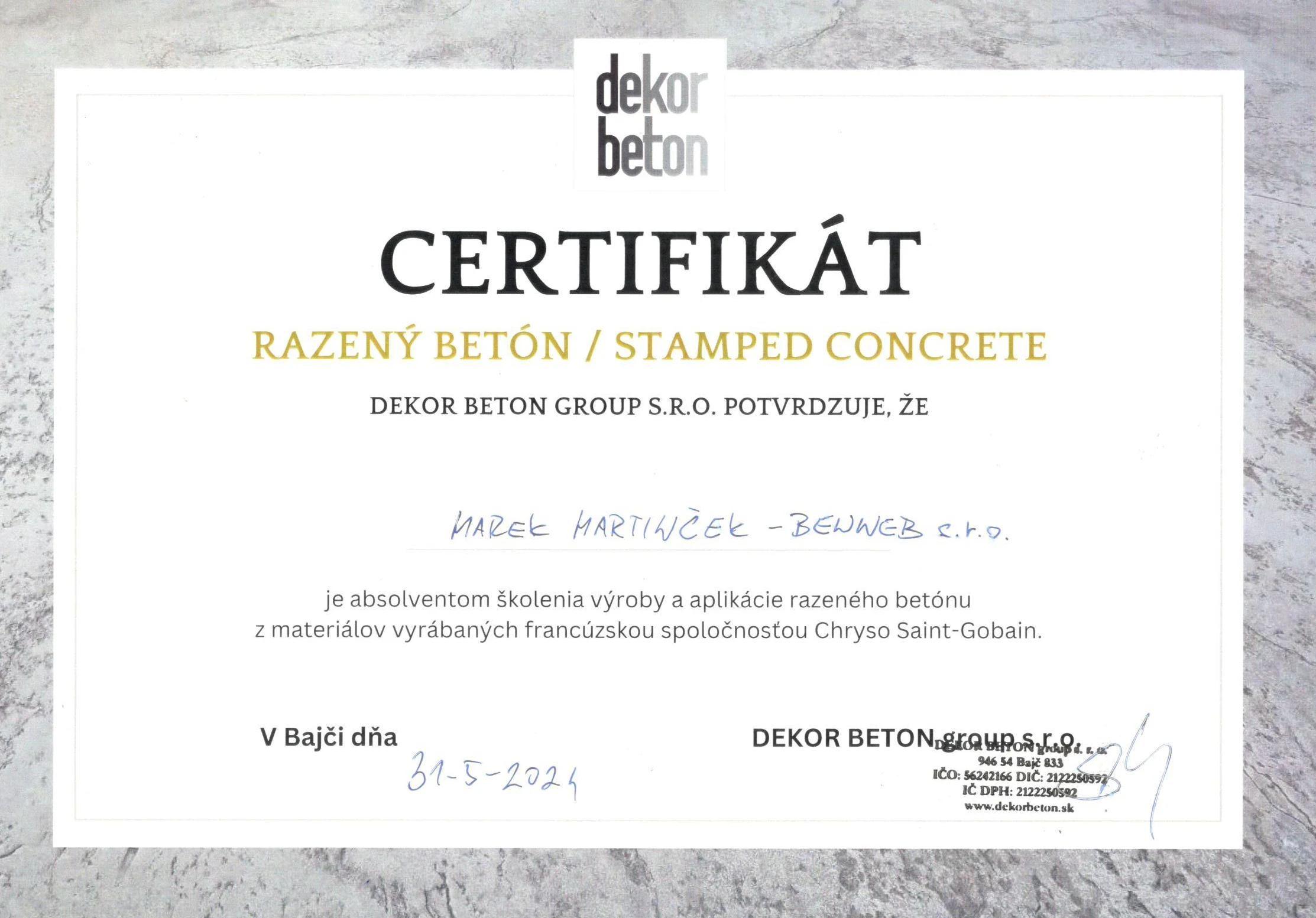 certifikat razeny beton